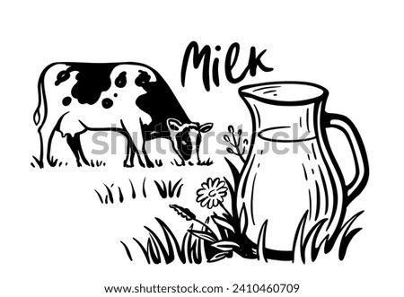 Cow with milk jug drawing. Black sketch Royalty-Free Stock Photo #2410460709
