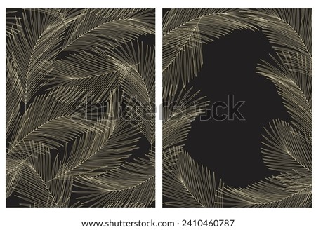  Floral tropical background with golden line leaves. Vector collection black and gold elegant pattern for wedding invitation, restaurant menu, luxury brochure, business, sale template