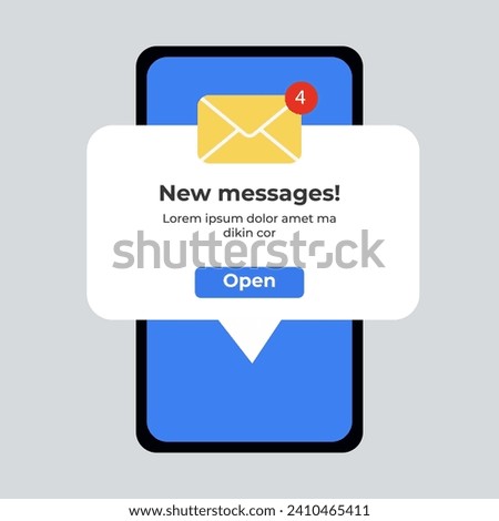 New message. email pop up. Incoming, open messaging. Notification Boxes Template for Iphone. Smartphone Message Interface. Vector illustration. Android. Smartphone. IMessages. We Chat. Line. Whatsapp.