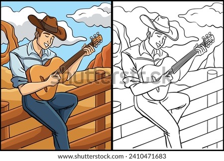 Cowboy Playing Guitar Coloring Page Illustration