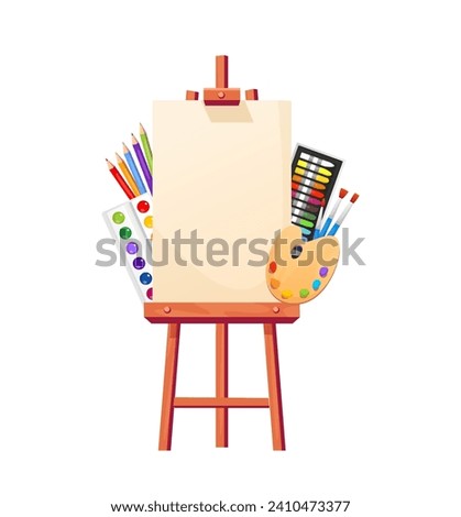 Cartoon easel with artist's elements. Vector illustration in flat style with colorful palette, paint brushes, paint, canvas and crayons isolated on white background. Back to school concept.