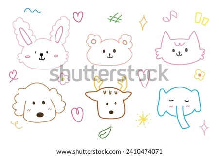 Cute face animal hand drawn doodle for element illustration and kid. Rabbit, bear, elephant, dog, cat and deer. Outline art