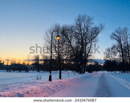 Sunset winter city park, snowy alley