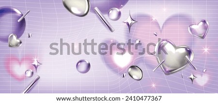 Y2k blur gradient heart background, vector love futuristic poster, trendy chrome 3D shapes grid. Abstract romantic aesthetic Valentine Day holiday banner, silver heart, 2000s party. Y2k background Royalty-Free Stock Photo #2410477367