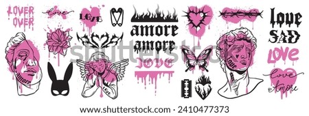 Y2k love tattoo sticker set, gothic heart icon, vector 90s vintage glam Valentine Day, angel. Greek sculpture head, 2000s trendy emo butterfly, fire flame, pink graffiti lettering. Y2k love aesthetic