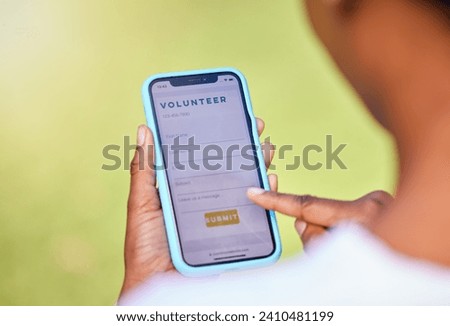 Phone screen, volunteer digital application and hands, charity and NGO with help, donation and mobile app. Internet, paperless and person sign up, information and non profit organization with care