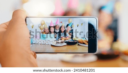 Happy birthday, camera and phone screen for family photo, celebration or memory together at home. Closeup of excited people smile on mobile smartphone display for photography, picture or bonding