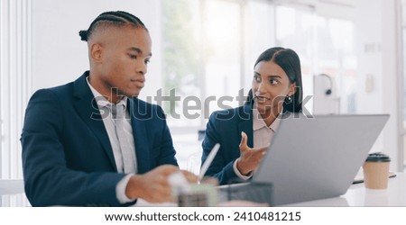 Business people, manager and employees with laptop, conversation and internet with cooperation, company website and speaking. Staff, woman and man with a computer, planning and project with ideas