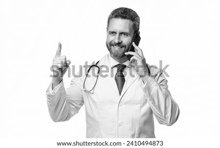 physician online with raised finger on background. photo of physician online with phone.