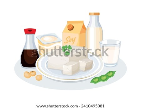 Soy products, tofu, milk, yogurt, soy sauce bottle vector illustration. Soy foods icon set isolated on a white background. Plant-based food and drink drawing. Natural tofu cubes on a plate vector Royalty-Free Stock Photo #2410495081