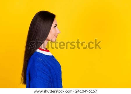 Side profile photo of confident brunette hair mature woman looking empty space job search website isolated on yellow color background