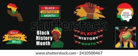 Black History Month 2024 Vector Set. American African Vector Design Set for Black History Month with African Lady Female Character, Hand Vector. Use for Banner Poster, Background, Badges, Set.