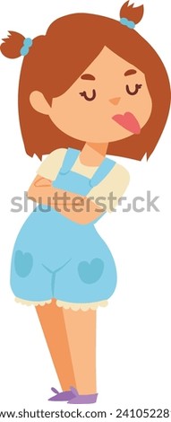 Young girl standing with arms crossed, pouting lips, displeased expression. Cartoon child shows attitude, stubbornness. Emotional kid, defiance concept vector illustration. Royalty-Free Stock Photo #2410522813