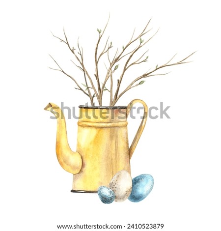 Watercolor illustration of Happy Easter with eggs, plants, garden watering can, twigs. Drawn by hand isolated on a separate background. Suitable for greeting cards, tags, invitations, print, packaging