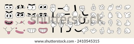 Set of 70s groovy comic faces vector. Collection of cartoon character faces, leg, hand in different emotions happy, angry, sad, cheerful. Cute retro groovy hippie illustration for decorative, sticker