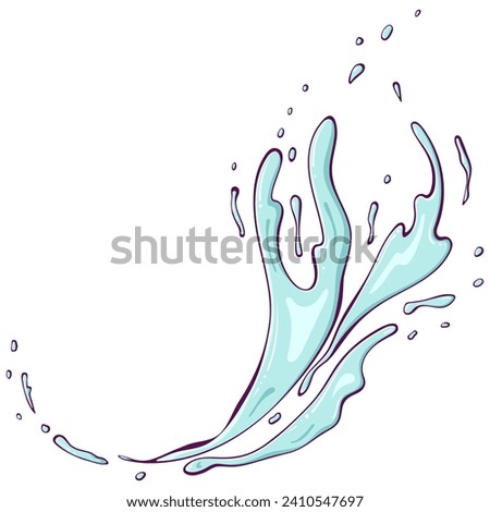 Rounded splashes of water or paint. Spray of fountain. Splash water motion. Vector illustration in hand drawn cartoon style. Simple color graphic isolated on white.