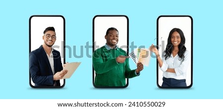 Job Search App. People Of Different Professions Posing On Smartphone Screens, Creative Collage With Portraits Of Businessman, Graphic Designer And Secretary Looking And Smiling At Camera