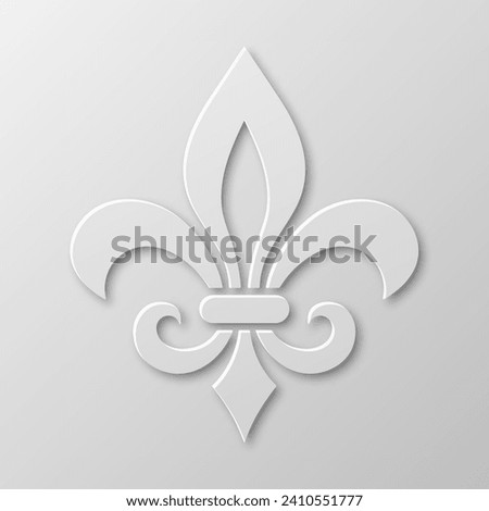 Vector Realistic Fleur De Lis Symbol. 3D Vector Illustration, White Paper Heraldic Lily Icon with a Shadow Closeup, Template for Heraldic Designs and Decor Royalty-Free Stock Photo #2410551777