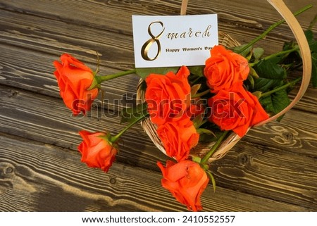  International Women's Day March 8! Flat Lay, banner, greeting card with flowers from March 8.    bouquet of roses                       