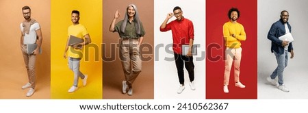 A dynamic collection of full-body portraits features young adults in casual and semi-formal attire against backgrounds. The concept captures the essence of modern urban life Royalty-Free Stock Photo #2410562367