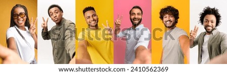 Group of individuals taking selfies while flashing the peace sign, set against a variety of brightly colored backgrounds, connectivity and sharing happy moments, as each person radiates positivity