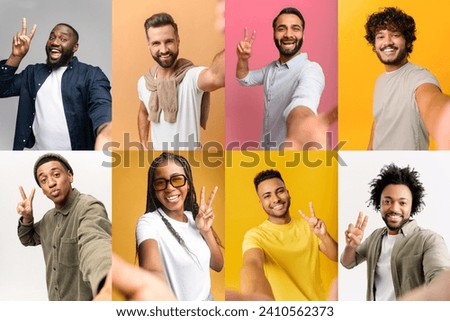 Collage a group of people taking selfies, each one making peace sign with their fingers. Youth culture and the selfie phenomenon, ideal for targeting a young, diverse audience in advertising campaigns Royalty-Free Stock Photo #2410562373