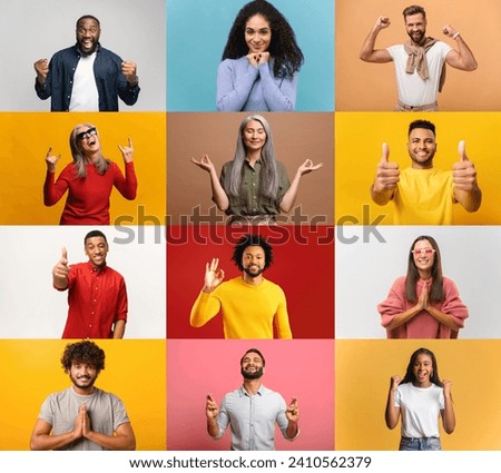 This collection portrays individuals in expressive, joyous poses, each against a colored backdrop, show success and happiness, with thumbs up, victory signs, and hands in meditation positions Royalty-Free Stock Photo #2410562379