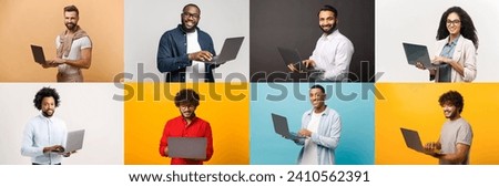 Row of individuals dressed in casual and semi-formal attire each holding a laptop, possibly representing the versatility of technology in various aspects of life including work, education, and leisure Royalty-Free Stock Photo #2410562391