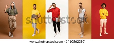 A row of individuals dressed in casual and semi-formal attire each holding a laptop, possibly representing versatility of technology in various aspects of life including work, education, and leisure. Royalty-Free Stock Photo #2410562397