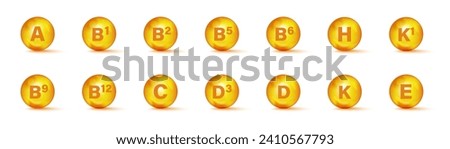 Set of Multi Vitamin complex icons. Multivitamin supplement. Vitamin A, B group B1, B2, B3, B5, B6, B9, B12, C, D, D3, E, K, H, K1, PP. Essential vitamin complex. Healthy life concept Royalty-Free Stock Photo #2410567793