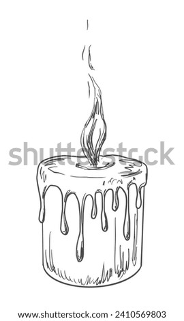 Burning candle with melted wax. Black and white engraving style illustration. Sketch style.