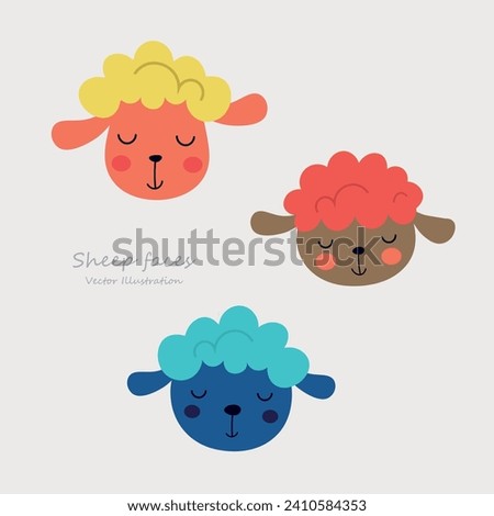 Cute Character sheep faces. set of cute cartoon colorful animals faces. Design for Kids, Girls, Boys. A collection of vector illustration in cartoon style. funny sleeping animals