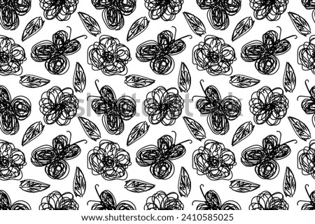 Doodle black outlines butterfly, flower, leaf. Botanical, natural, floral nature. Seamless vector pattern for design and decoration.