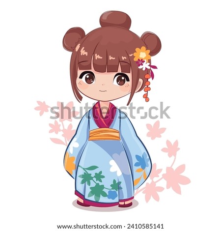 Cute cartoon little girl in anime style wearing a blue kimono. Vector illustration design print for t-shirt on a white background isolated Royalty-Free Stock Photo #2410585141