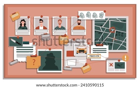 Investigation map concept. Photos of men and women near map of city. Board visual aid for officer and detective, policeman. Cartoon flat vector illustration isolated on pink background Royalty-Free Stock Photo #2410590115
