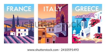Set of travel posters. Italy, Greece and France. Handmade drawing vector illustration.  Royalty-Free Stock Photo #2410591493