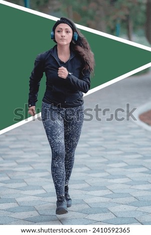 Woman running on the path of a park. Active sporty latina female. Morning workout, Healthy lifestyle concept. Athletic sports exercises for athletic people.