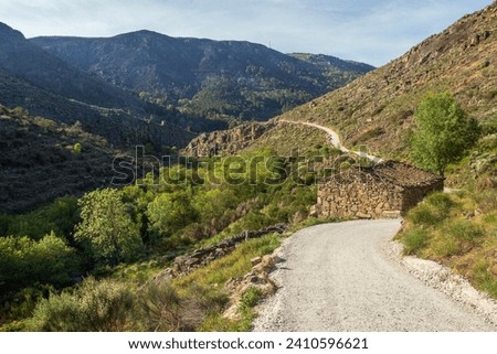 View of the Mondego river valley in Serra da Estrela, Portugal, next to the old factory on the Mondego walkway route, with a dirt road running along the valley. Royalty-Free Stock Photo #2410596621