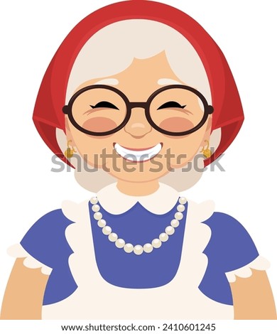 Vector illustration portrait of a cute kind village old lady. A senior woman dressed in rustic style who wears a headscarf, apron and old fashioned jewelry. Royalty-Free Stock Photo #2410601245