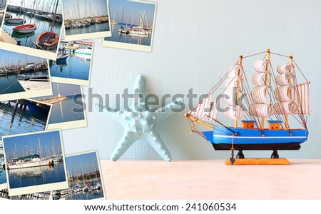 collage with yachts, boats, lighthouse and a coast. Nautical concept 
