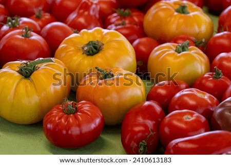 A display of various fresh tomatoes harvested for sale at a grocery. The produce is vibrant yellow, red, and orange in color with firm and shiny skin. The ripe crops are of various sizes and shapes. Royalty-Free Stock Photo #2410613183
