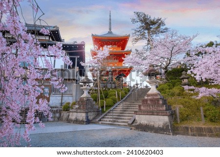 Kiyomizu-dera temple in Kyoto, Japan with beauiful full bloom sakura cherry blossom in spring Royalty-Free Stock Photo #2410620403
