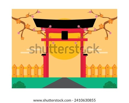 Traditional Japanese torii gate in a beautiful garden with cherry blossoms in spring. Character design. Vector flat illustration