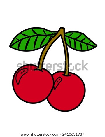Illustration of two red cherries, cherry fruit elements with green leaves

