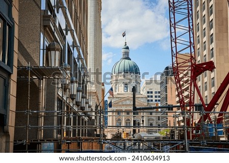 Capitol Building Amidst Urban Development, Indianapolis Crane Construction