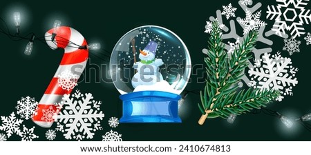 Set of Christmas festive elements for design. Holiday Decoration Christmas tree, xmas candy cane, snow globe. Realistic 3d object in cartoon style. vector illustration