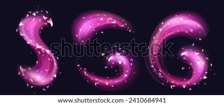 Pink swirls with flower petals isolated on black background. Vector realistic illustration of neon light waves with sakura blossom, perfume aroma trail, magic romantic power effect, love in air