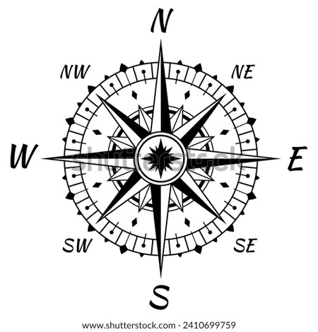 Vintage marine wind rose sea compass navigation black monochrome vector illustration. Antique cartography nautical navigational direction geography discovery exploration instrument travel instrument
