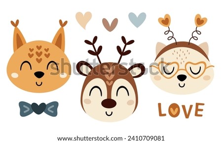 Valentines day clipart set. Cute animal faces clipart. Animal heads clip art. Cartoon cat, deer, squirrel in flat style. Vector illustration.