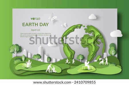 World Earth Day, many people doing activities, enjoy their life in a dream city, save the planet and energy concept, paper illustration, and 3d paper.	